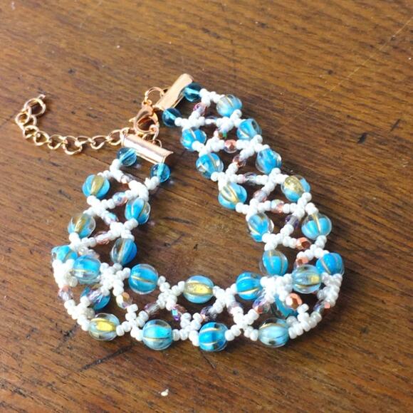 Blue, Gold & Ivory Netted Woven Bracelet - Picture 4 of 6